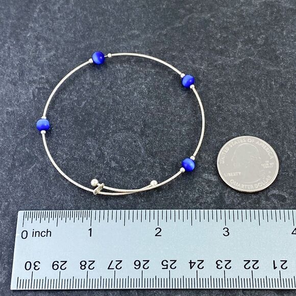 Blue Cat’s Eye Memory Wire Bracelet | Vintage Sterling Silver | 7.5” Adjustable - Picture 5 of 5